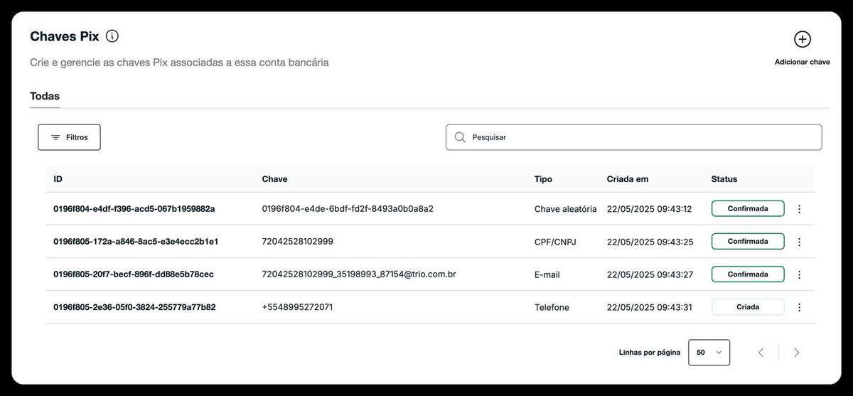 Detalhes da conta — chaves Pix e configurações
