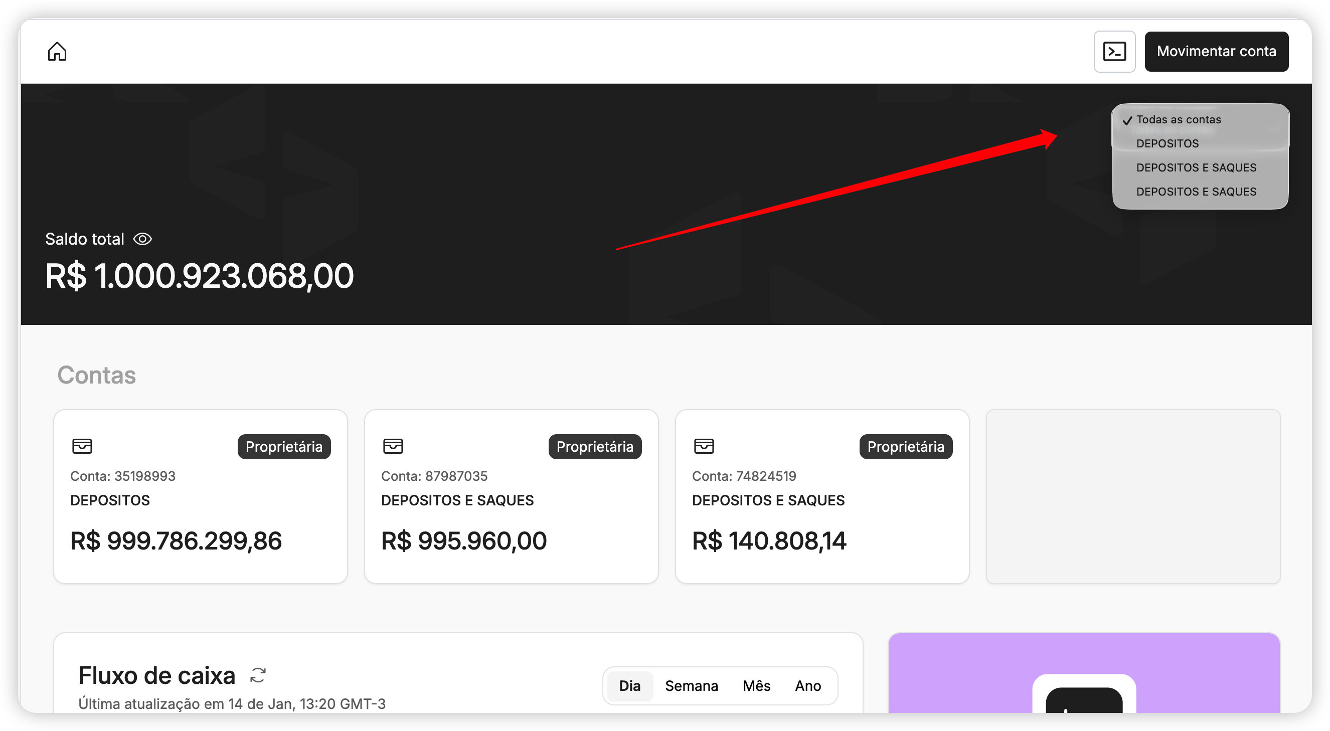 Seletor de conta virtual