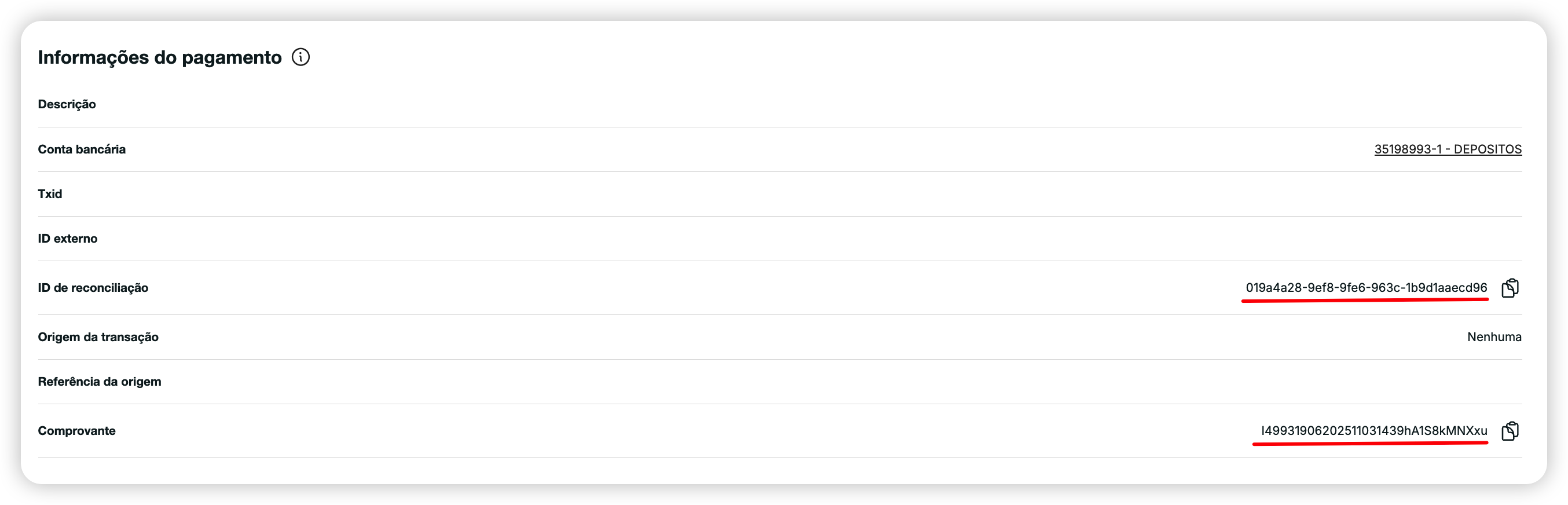 Informações pagamento