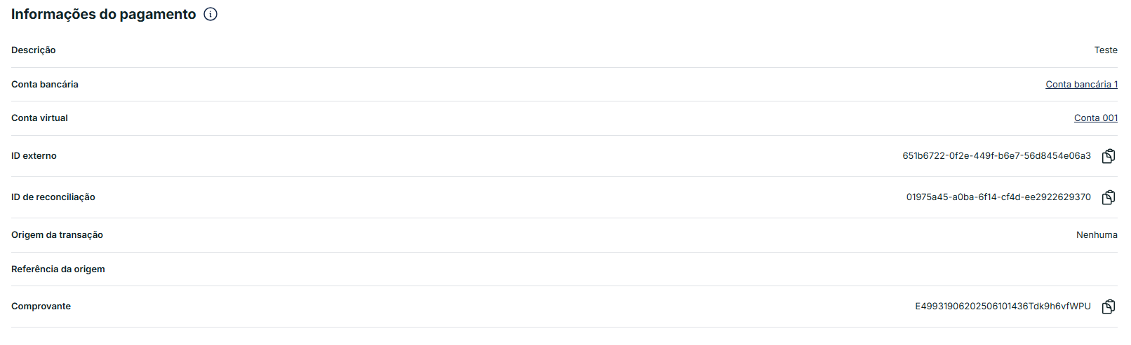 Info pagamento saída