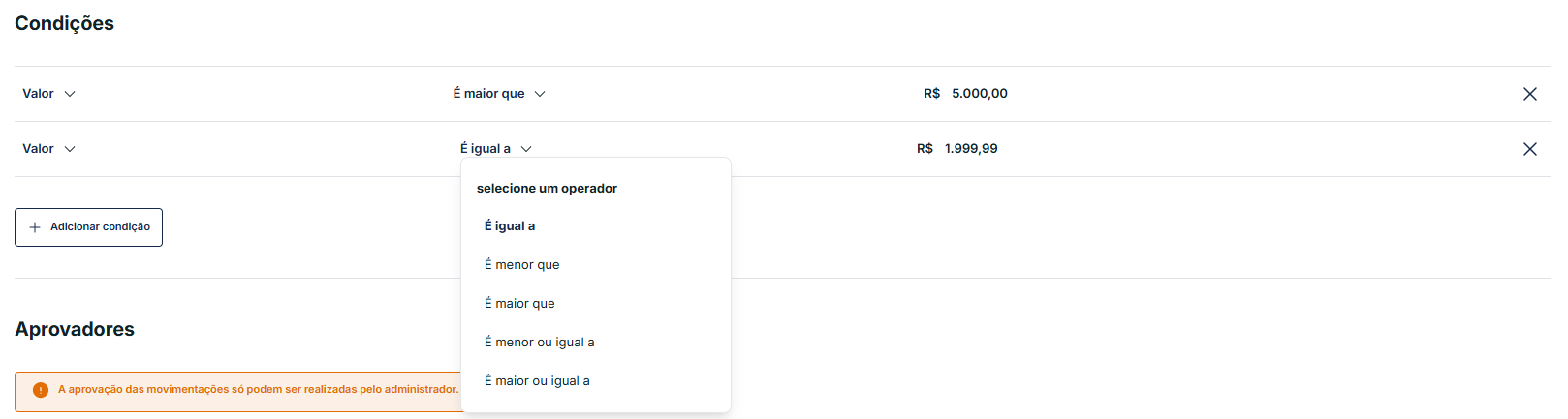 Condições da regra